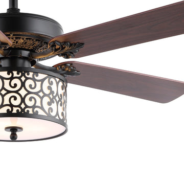 Paolo 52" Farmhouse Industrial Iron Scroll Drum Shade LED Ceiling Fan With Remote - JONATHAN Y